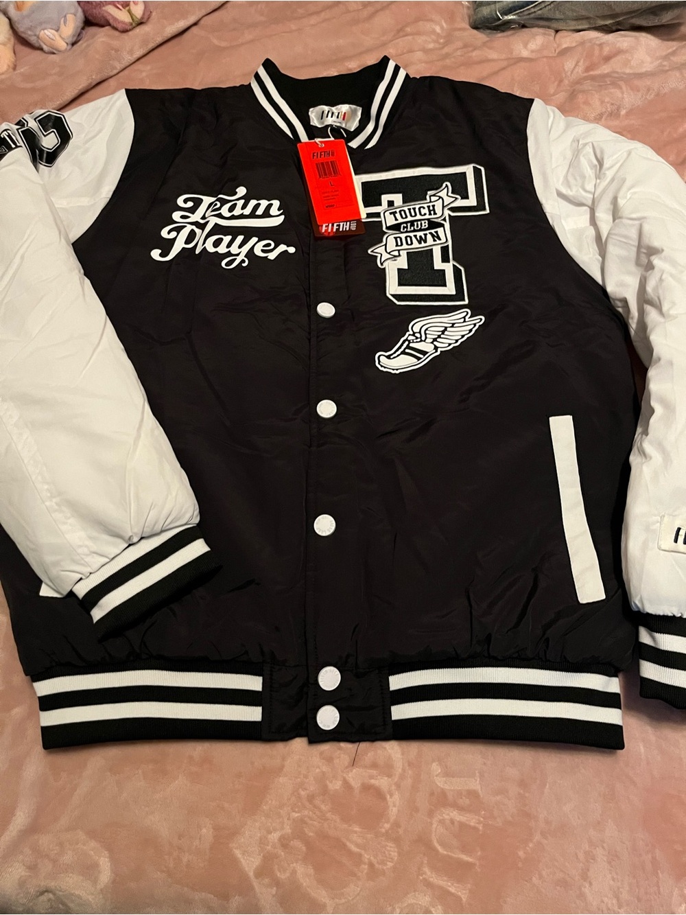 Black & White 'Team Player' Varsity Bomber Jacket by